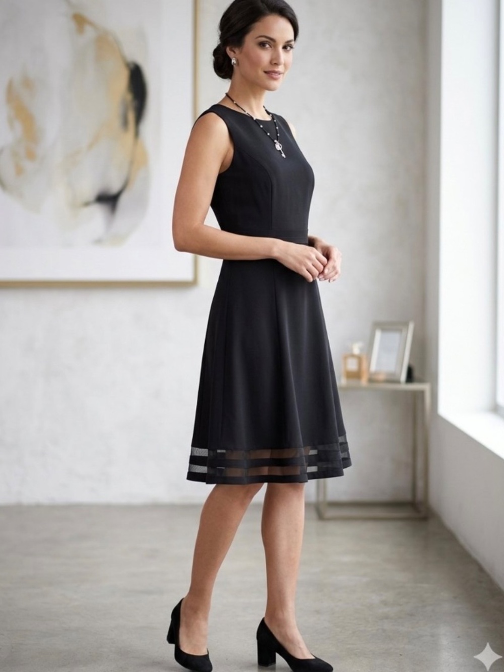 White House Black Market Elegant Black Midi Princess Flare Dress Sheer Edge Sz 6